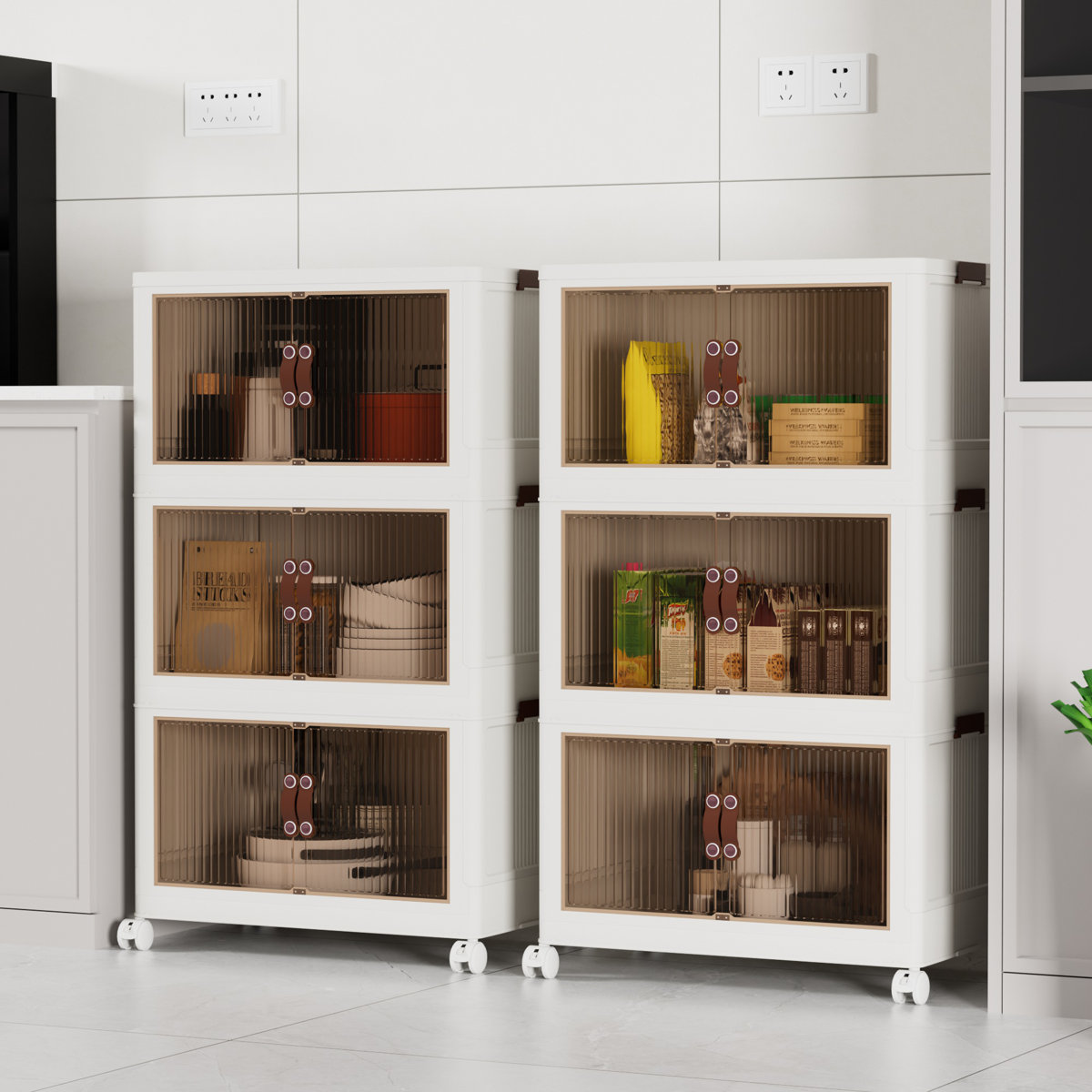 3-Tier Folding Stackable Storage Bins with Lid and Wheels (Set of 2)